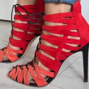 ZARA RED and ORANGE HEEL LACE UP STRAPPY 